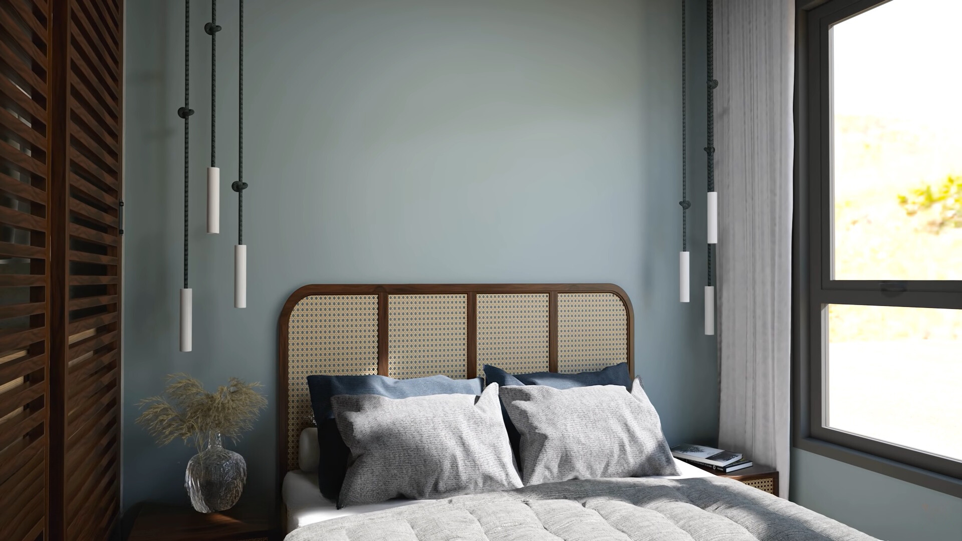 bedroom with a brown floor to ceiling closet, a window, low hanging lamps on both sides of the bed