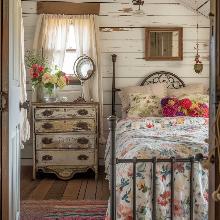 bedroom with wooden walls and cabinet, floral bed sheets and a window with a light curtain