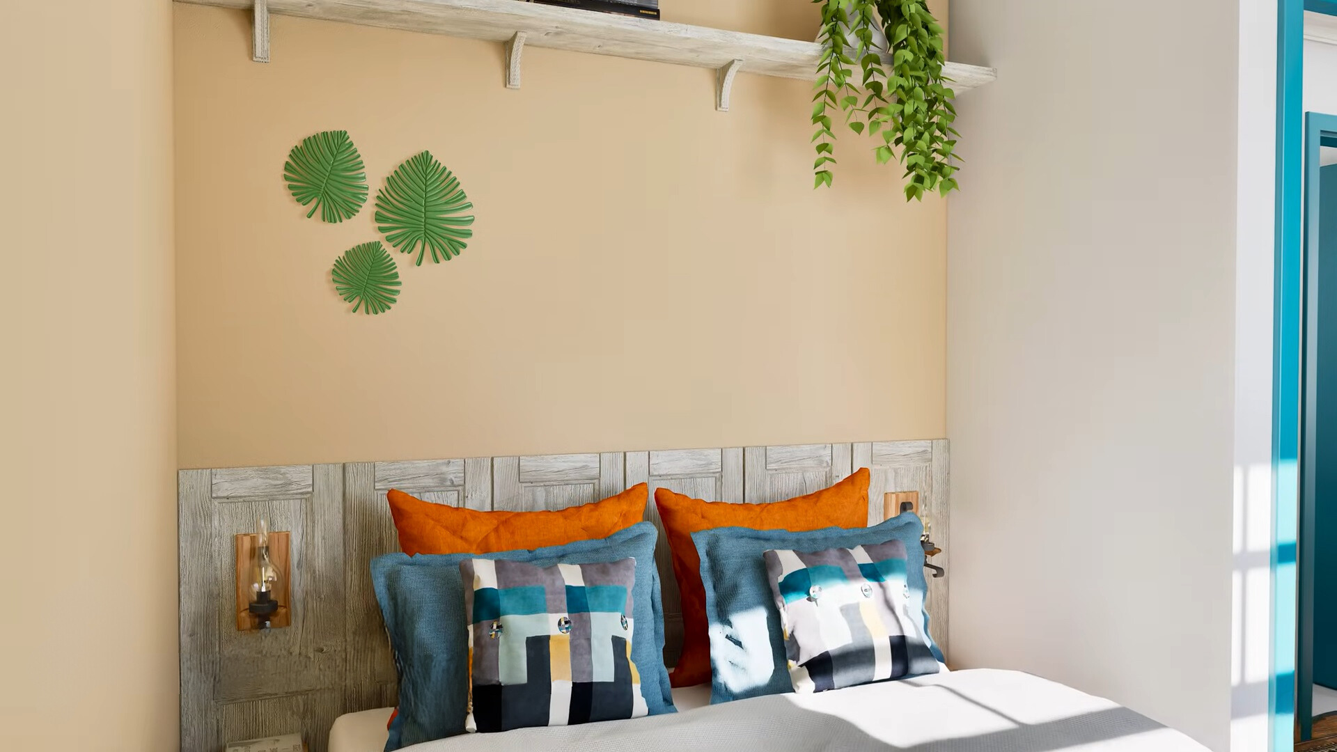 bedroom with a bed, a shelf above the bed and the lamps on the side of the bed