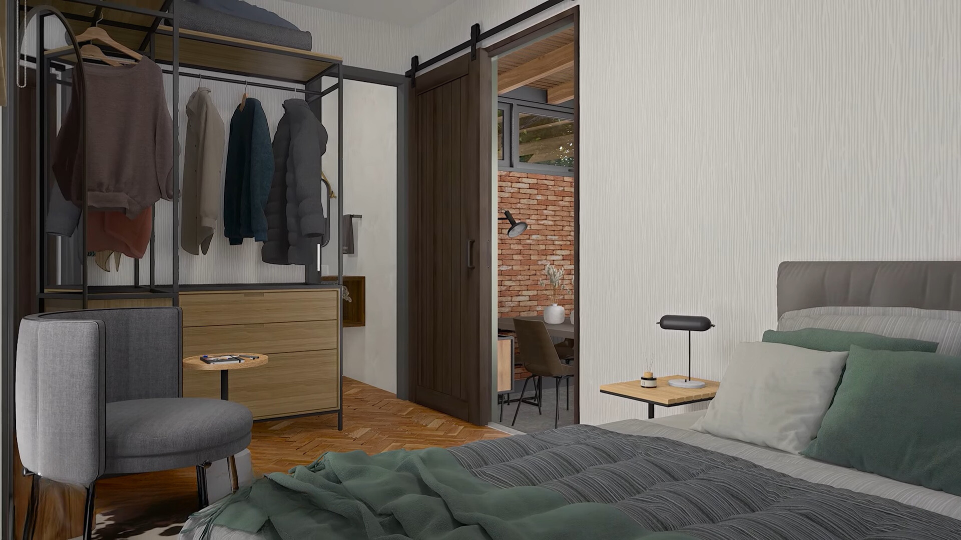 bedroom with a bed, bedside table, closet that's half open and half drawers