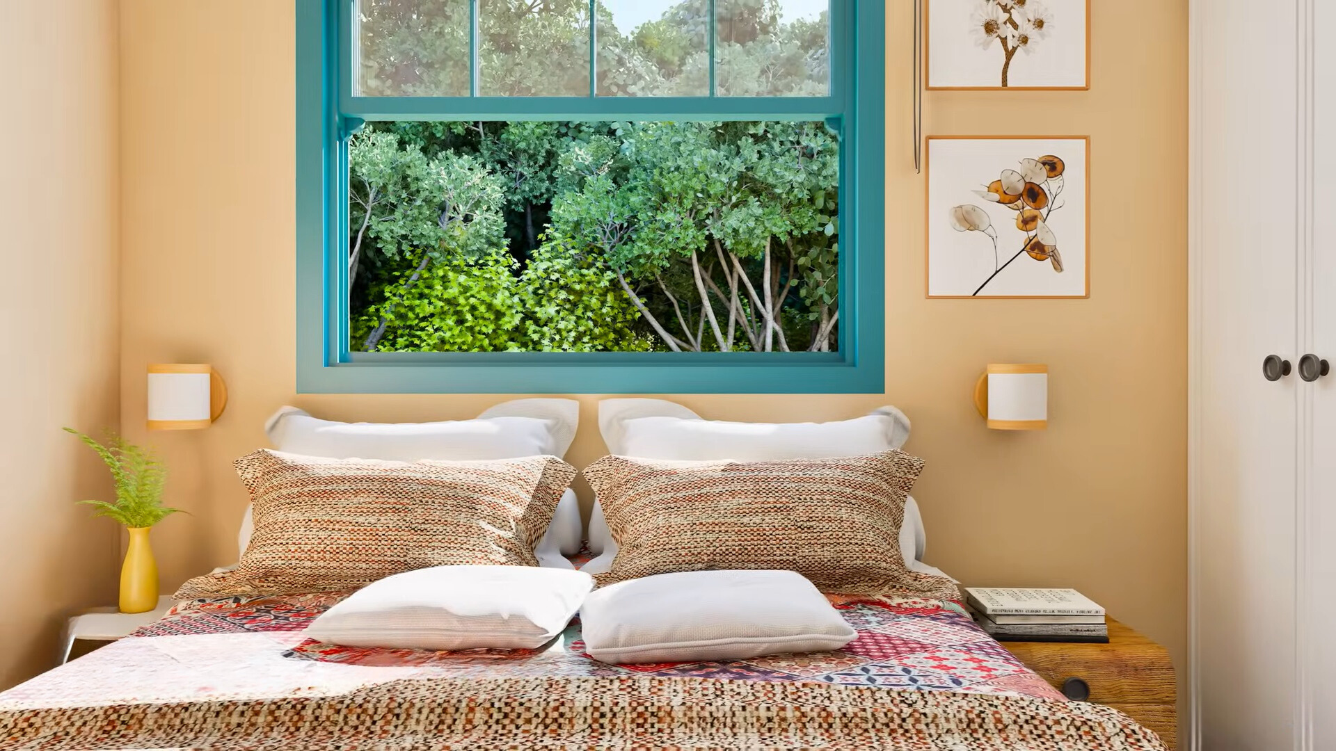 bedroom with textured bed sheets, window above the bed and bedside tables