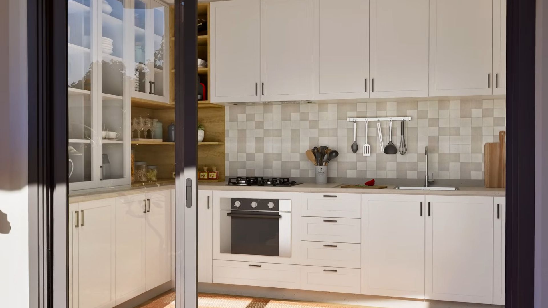 big kitchen with white cabinets and modern appliances, open shelves in wood tones in the corner