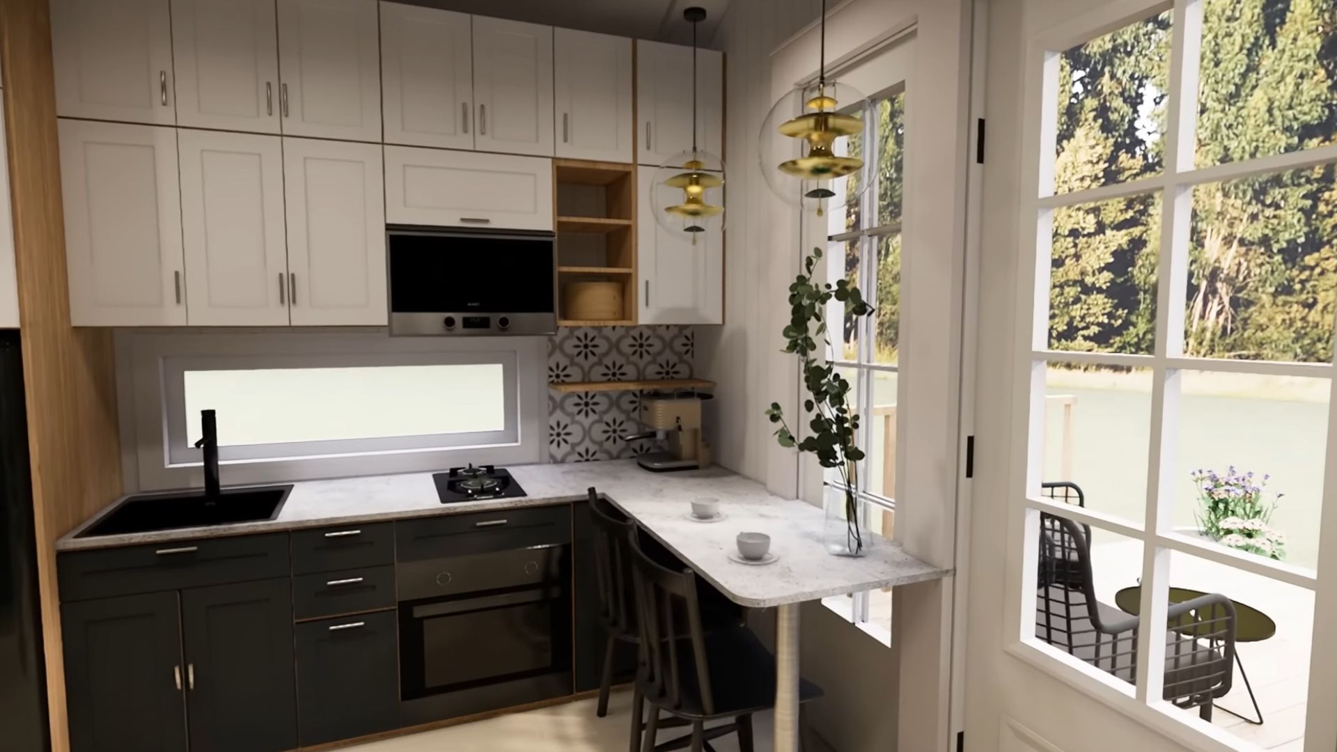 black and white kitchen cabinets with raised panels, a black sink, a dining area by the window