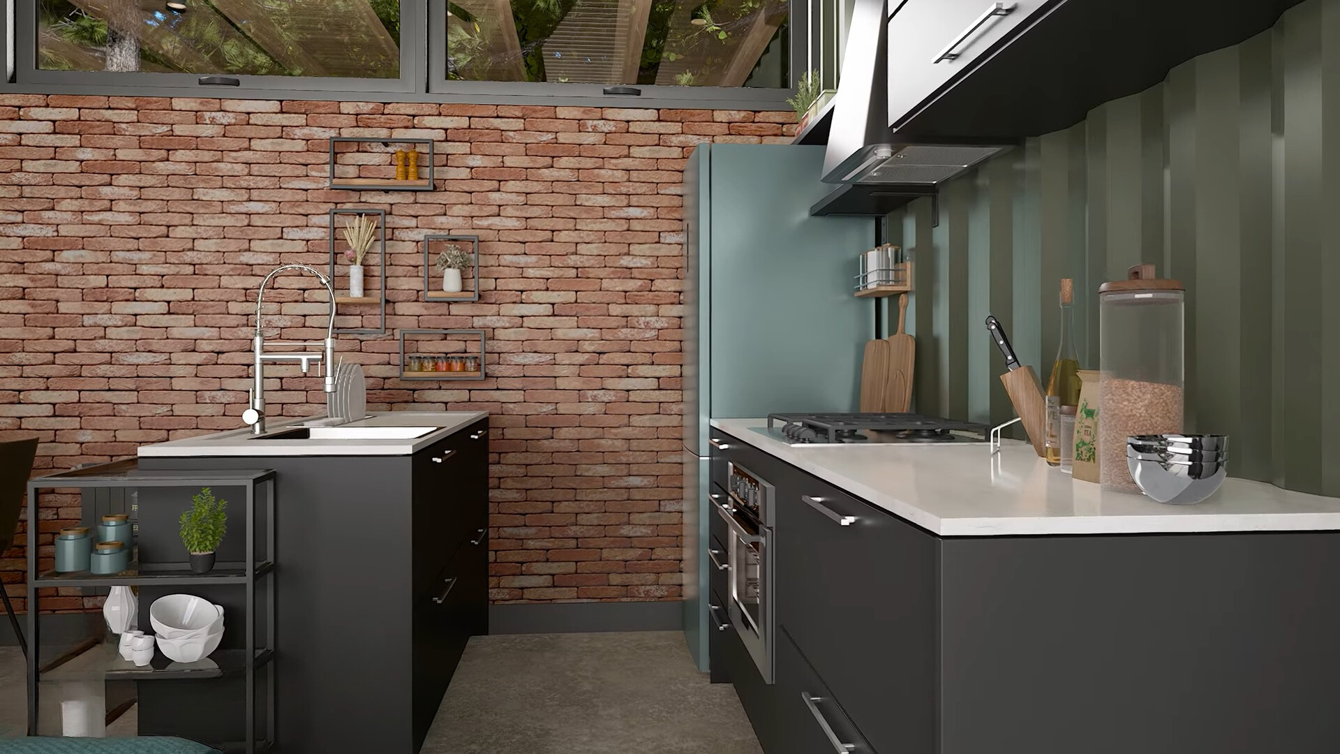 kitchen with black cabinets and unique shelves on the brick wall and white countertops