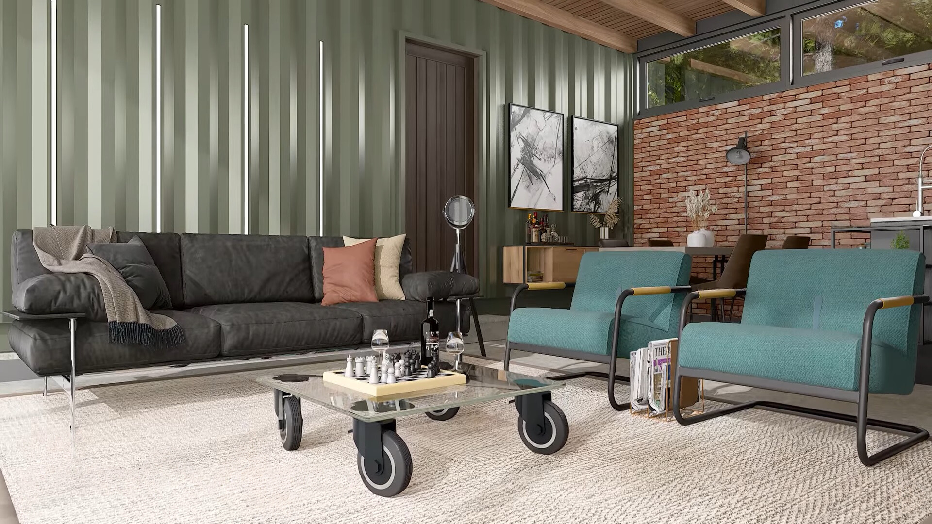 black couch, blue sofas, glass table on wheels in the living room of a container home