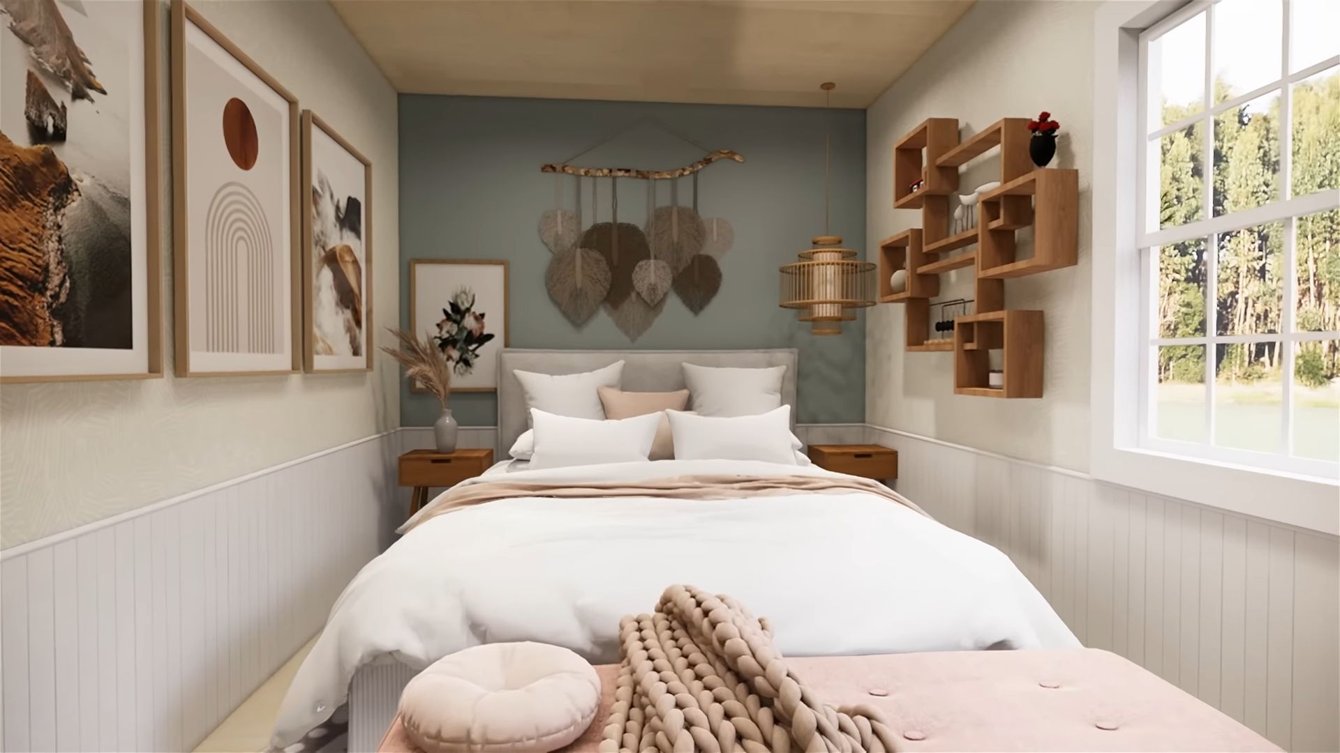 beautiful bedroom decorated in boho style with a comfy bed, some interesting pictures on the left, a details resembling leaves hanging on the wall behind the bed, an interesting shelf on the rigth next to the window