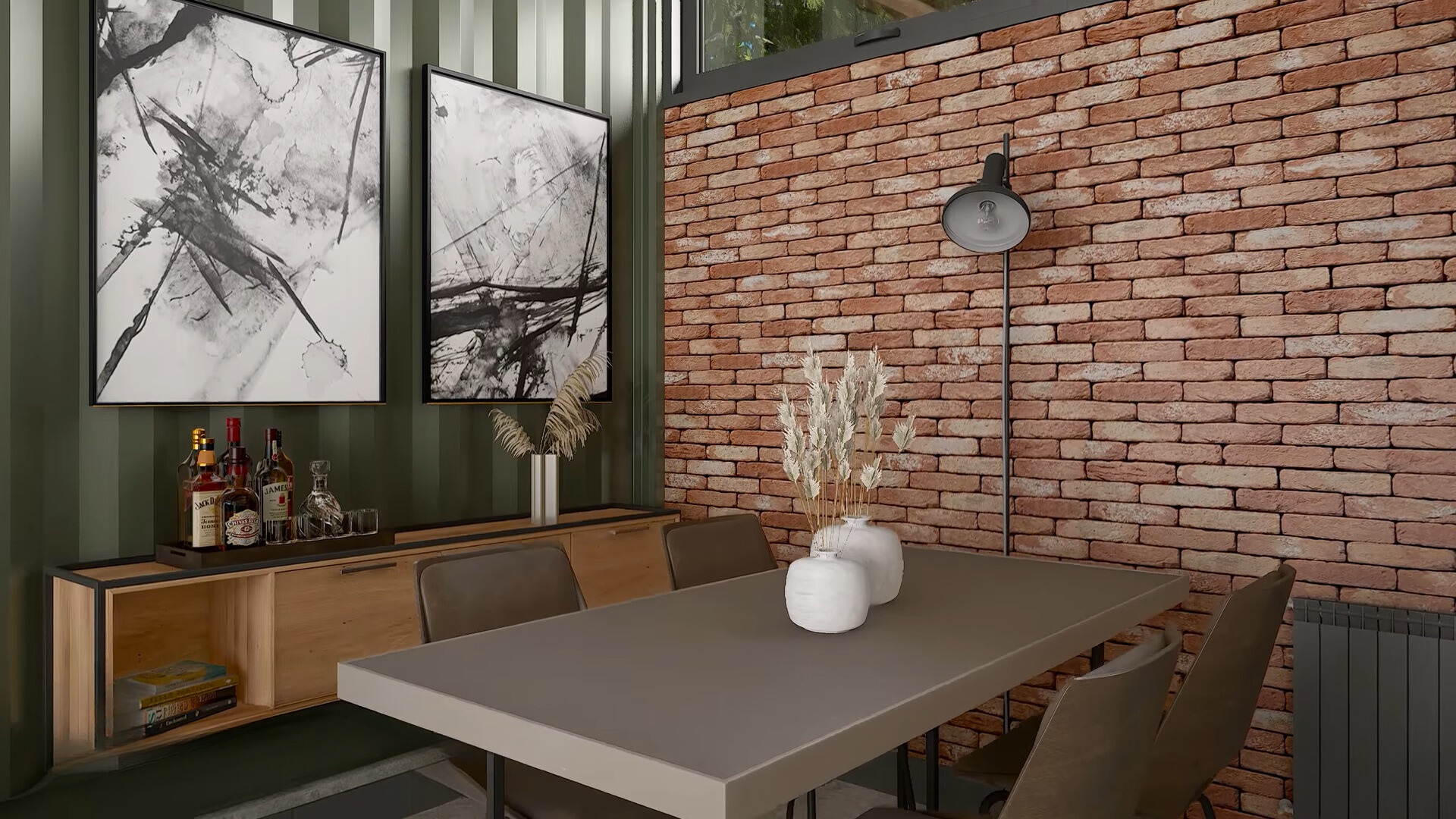 brown dining table and a lamp next to a brick wall