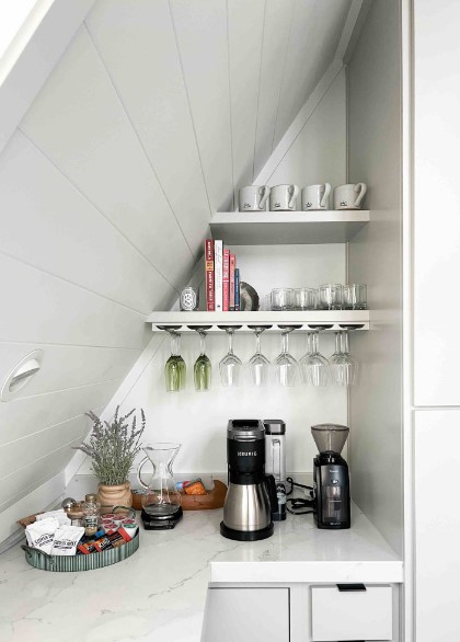 coffee corner with white shelves and a white countertop