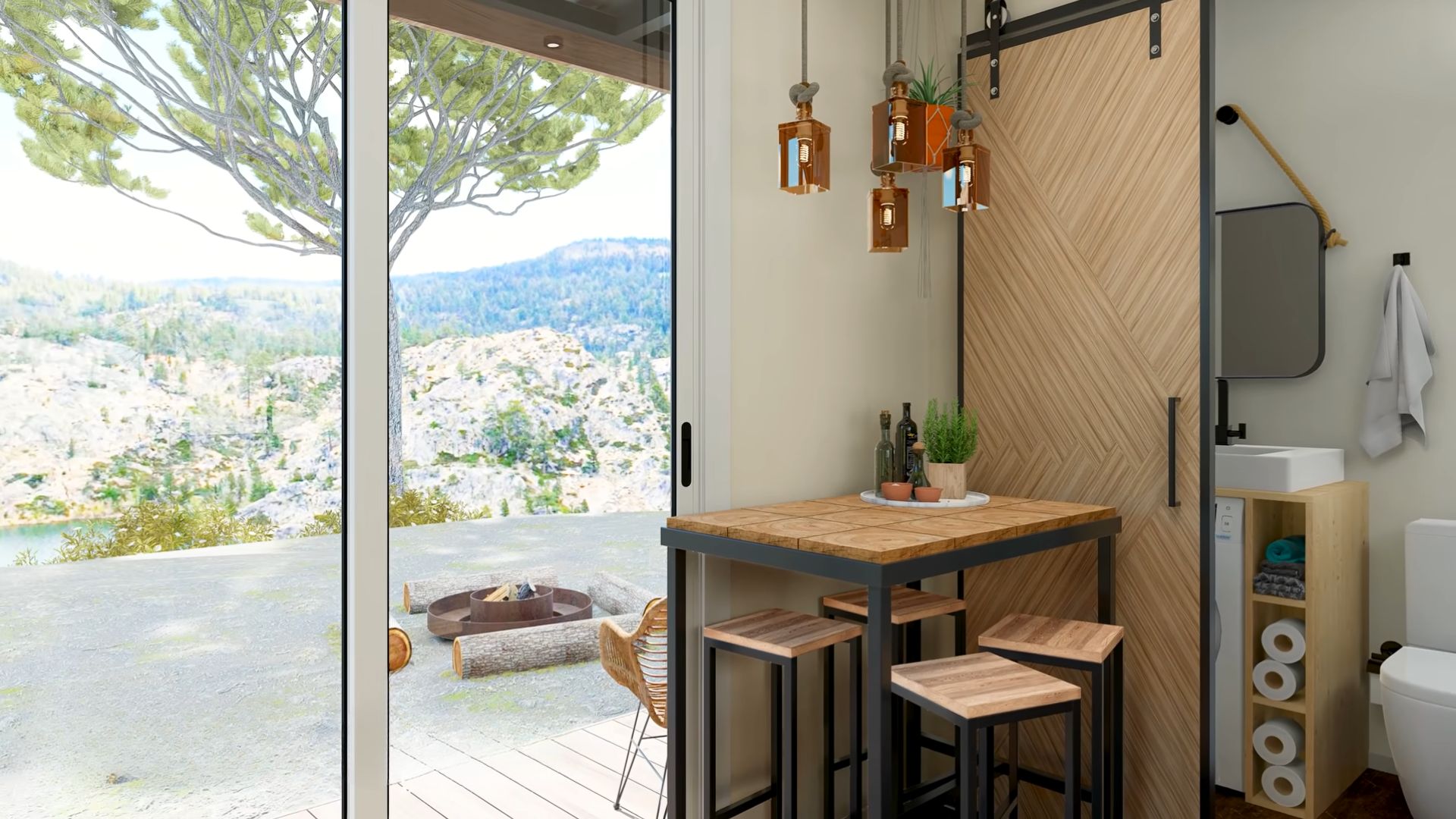 Dining area with wooden table next to the entrance