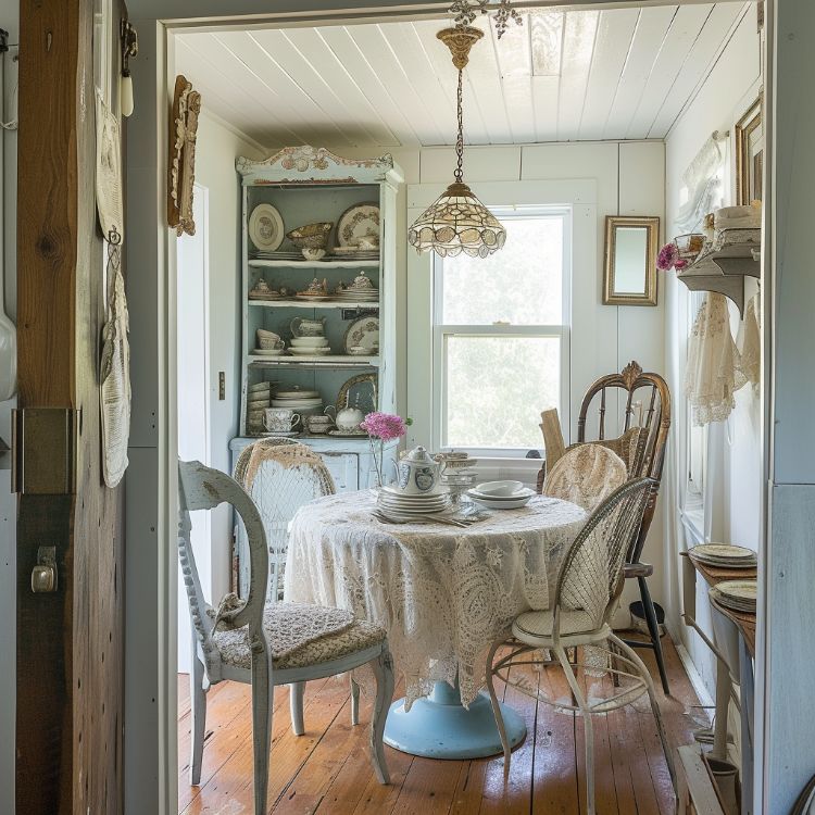 dining room with different chairs, light blue dining table, mint colored cabinet with beautiful china