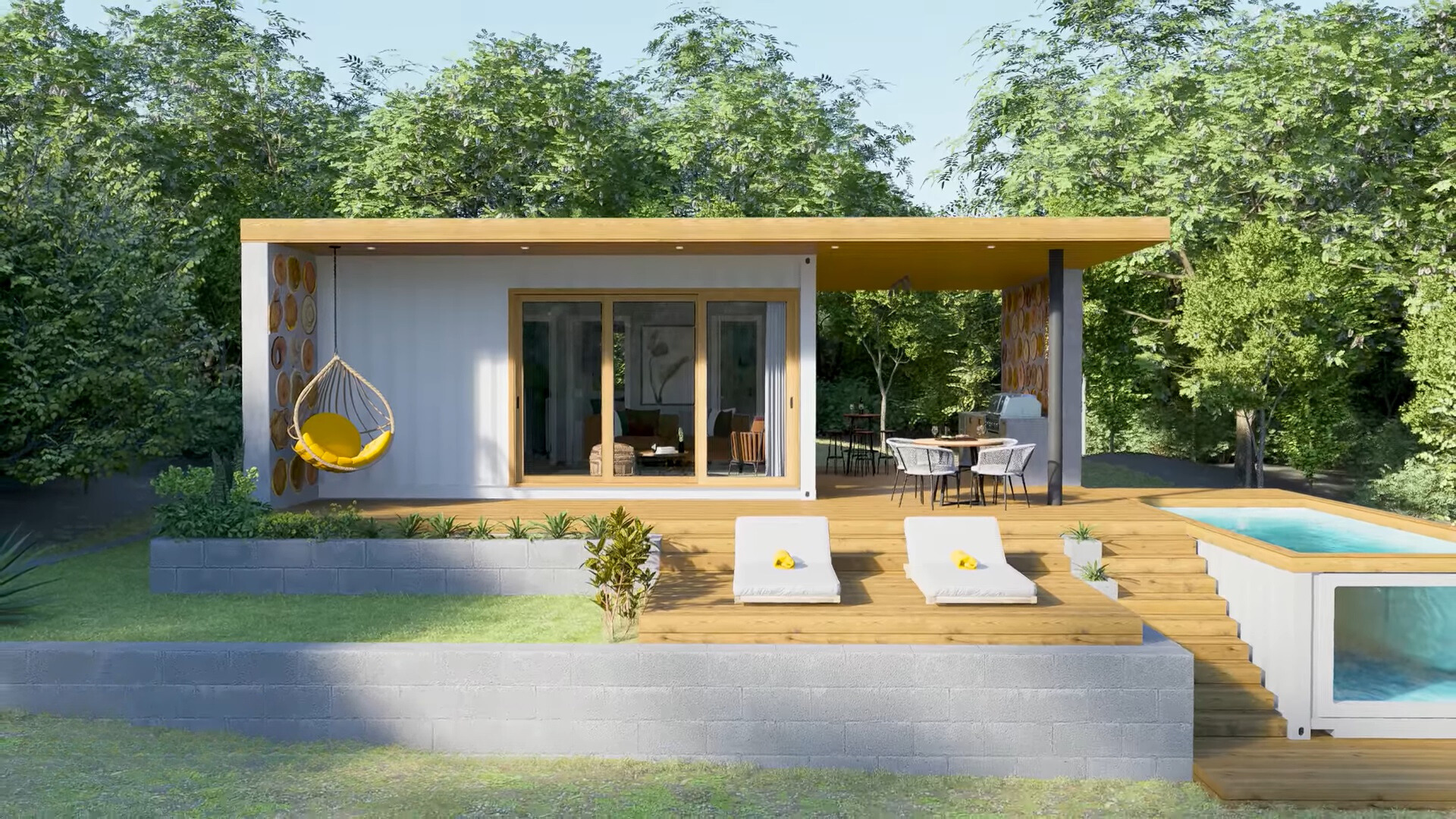 exterior of a container home with a pool, deck chairs, hanging chair