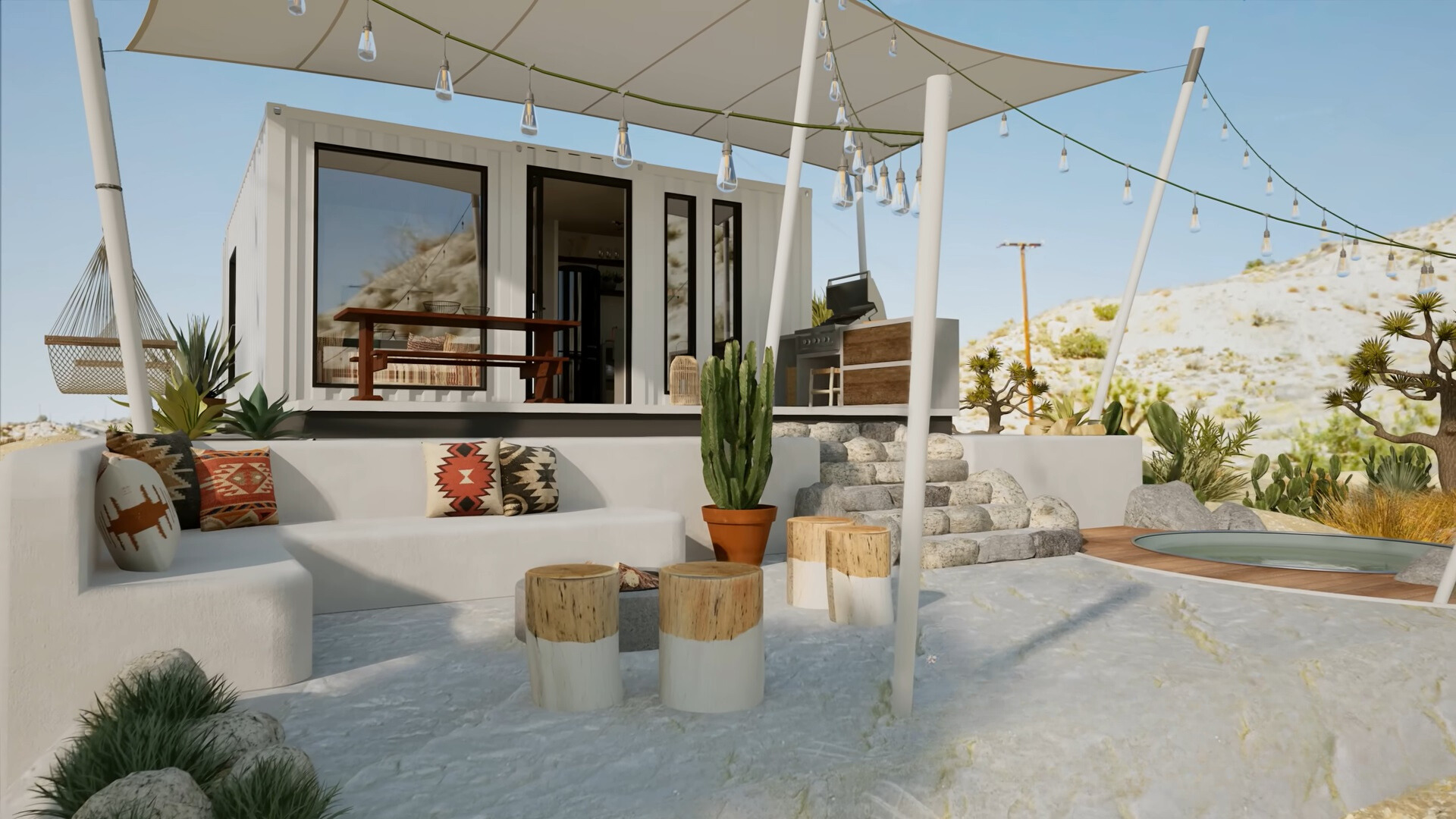 exterior of a container house in the desert with a hot tub, l-shaped couch, brown dining table, a hammock and an outside grill