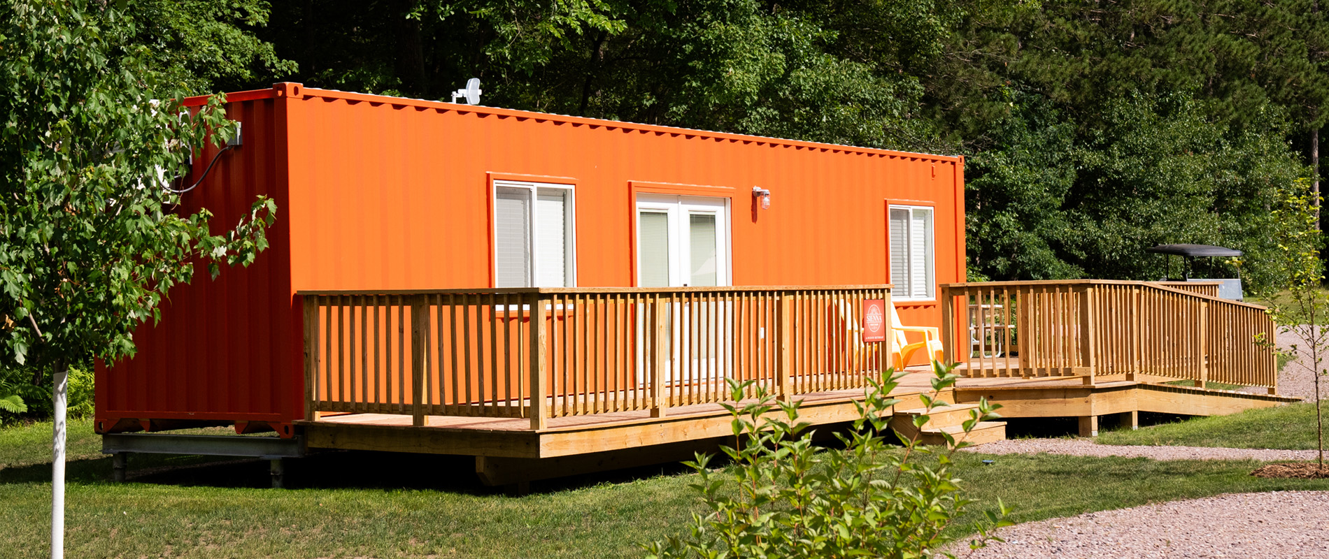 exterior of a red container in a container village