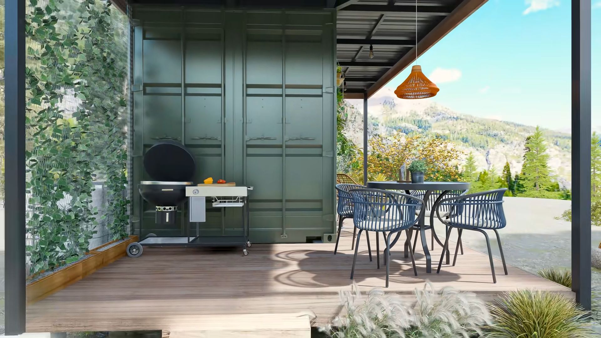 Deck of shipping container home with a grill