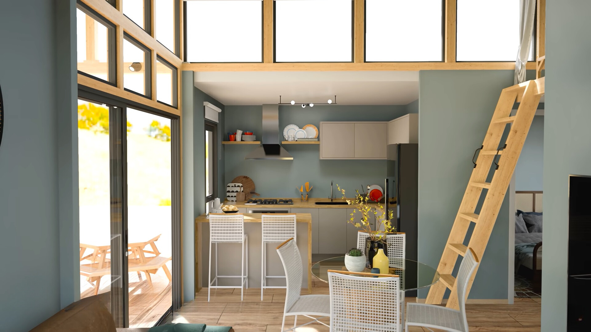 kitchen and dining rooms with white cabinets, brown countertop, round glass table with white chairs, a lot of windows and a ladder leading to the loft