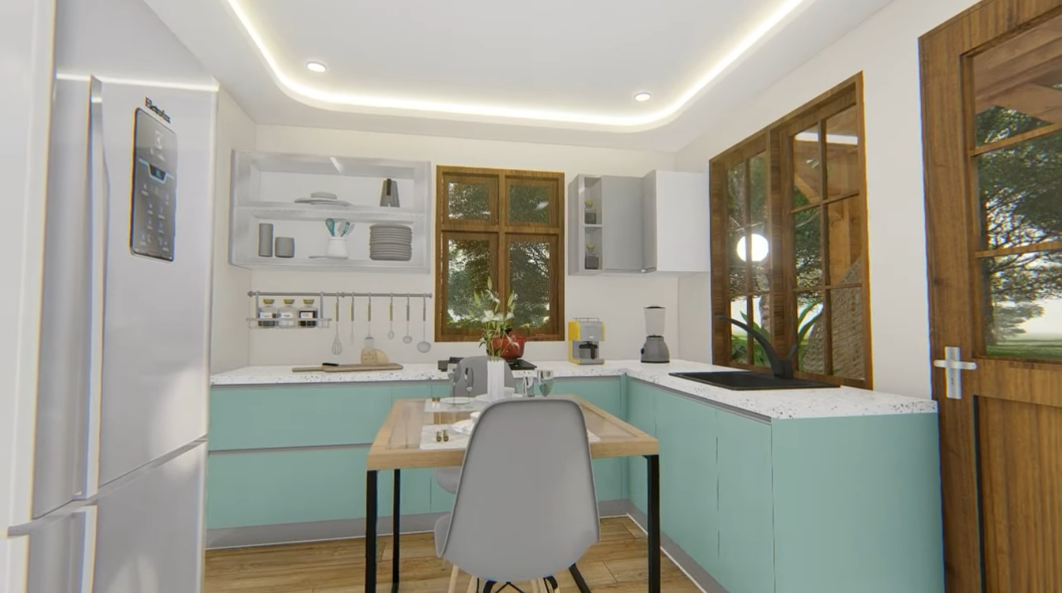 kitchen with a white countertop, mint cabinets below and white cabinets above, small beige dining table and two gray chairs