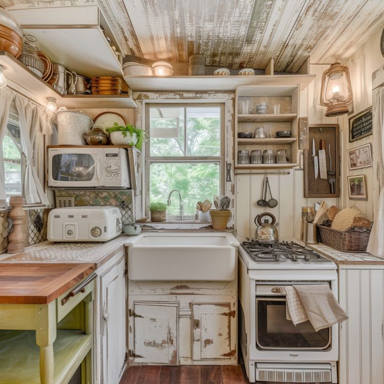 kitchen with open shelves, retro kitchen amenities and two windows