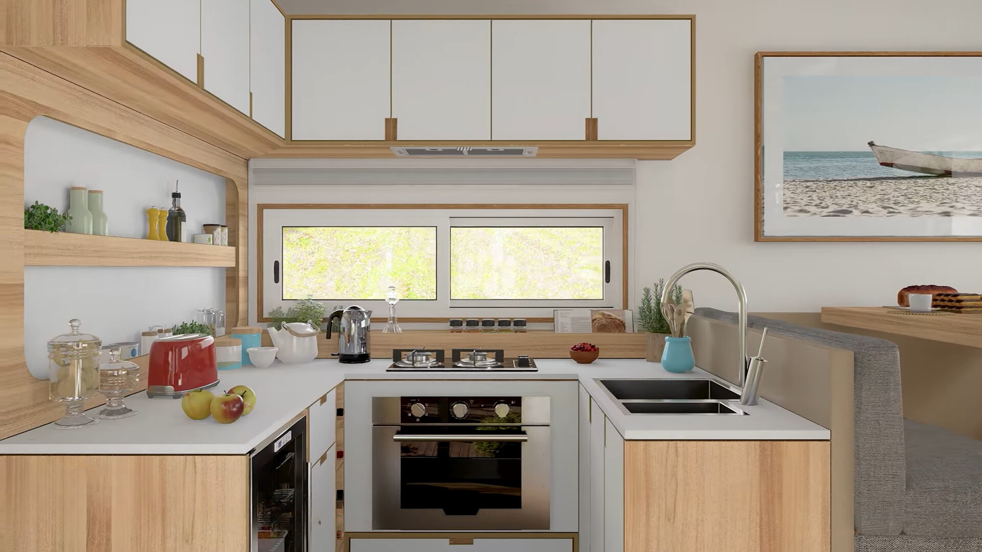 kitchen with white cabinets and a u-shaped white countertop