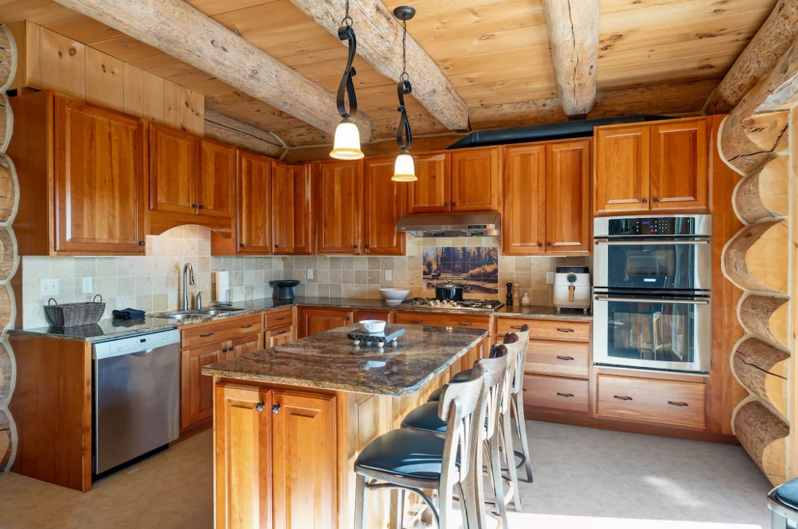 kitchen with brown, wooden cabinets and an island