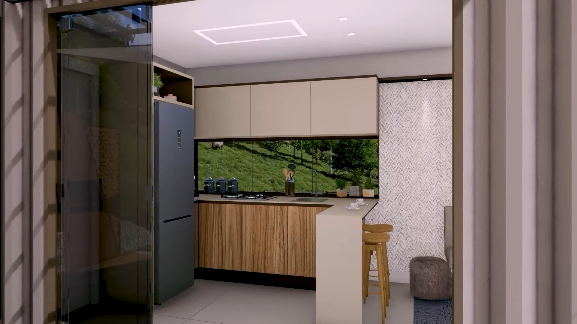 kitchen with an l-shaped countertop, cream white cabinet, brown bar stools and windows