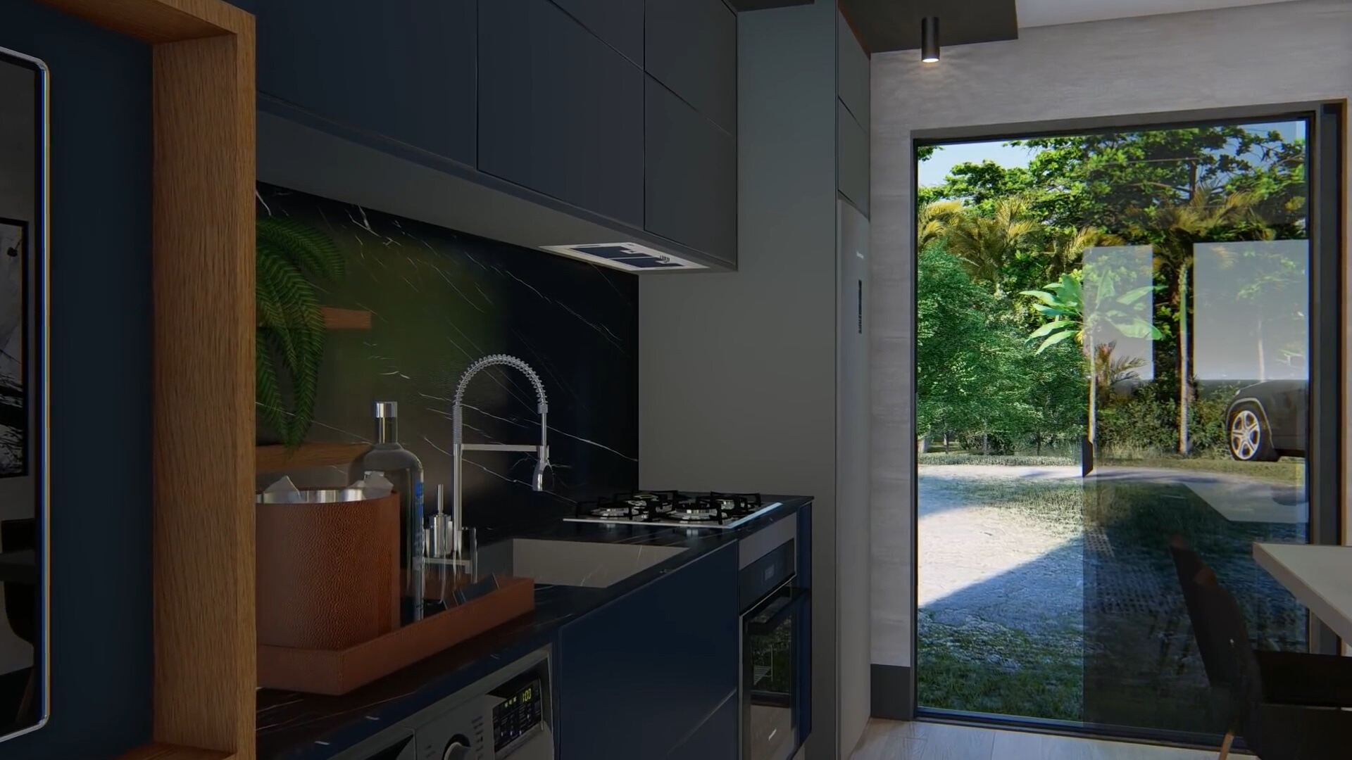 kitchen with blue cabinets and black wall