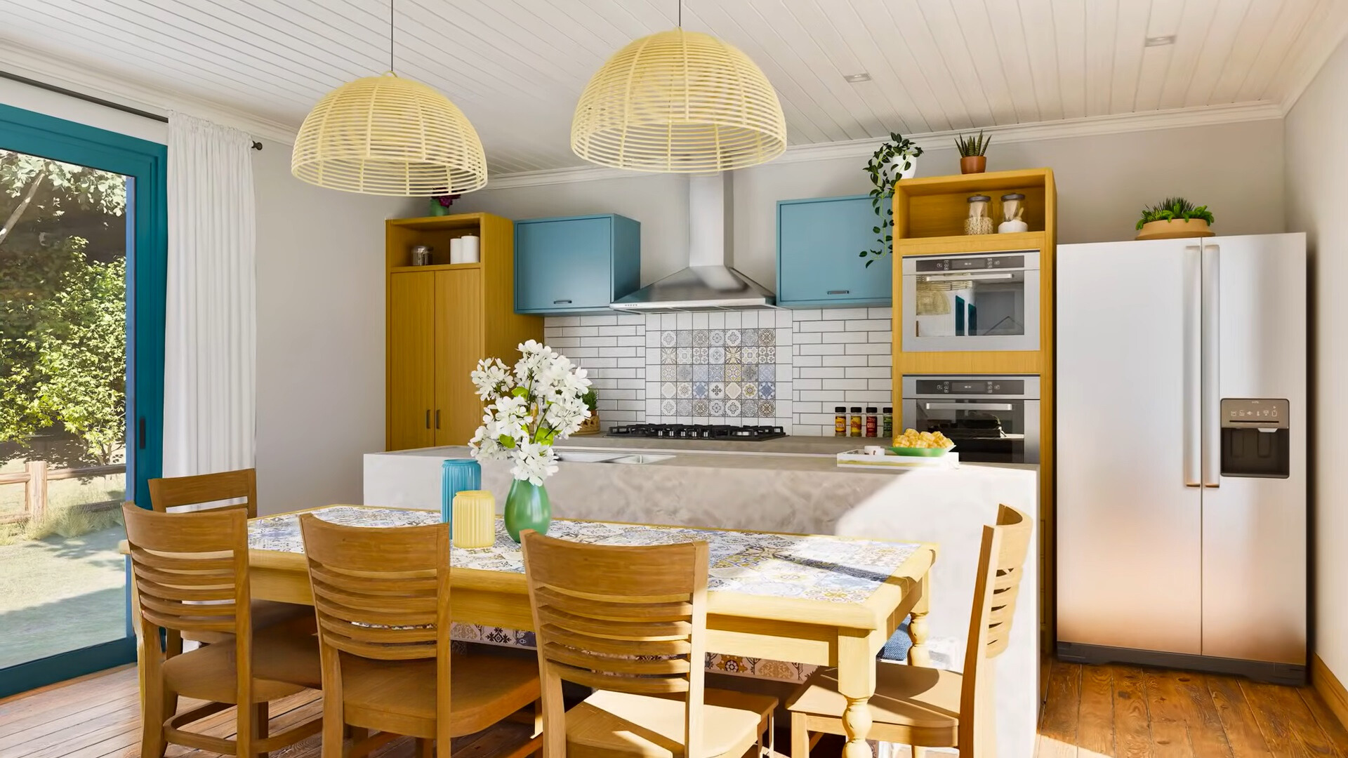 kitchen with brown and blue cabinets, textured tiles on the wall, brown dining table with textured tiles and brown chairs