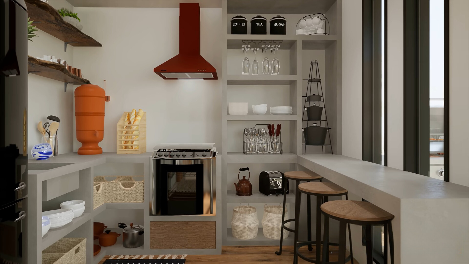 kitchen with open gray shelves filled with amenities, gray countertop and three bar stools