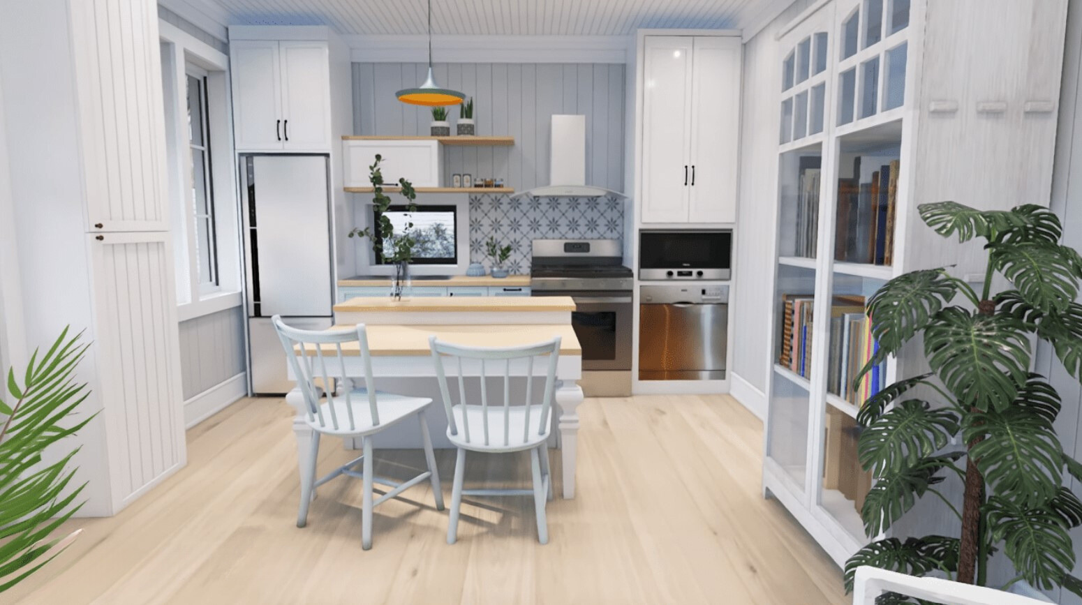 kitchen with white cabinets, light brown shelves and countertops, white chairs, floor to ceiling cabinet with glass doors