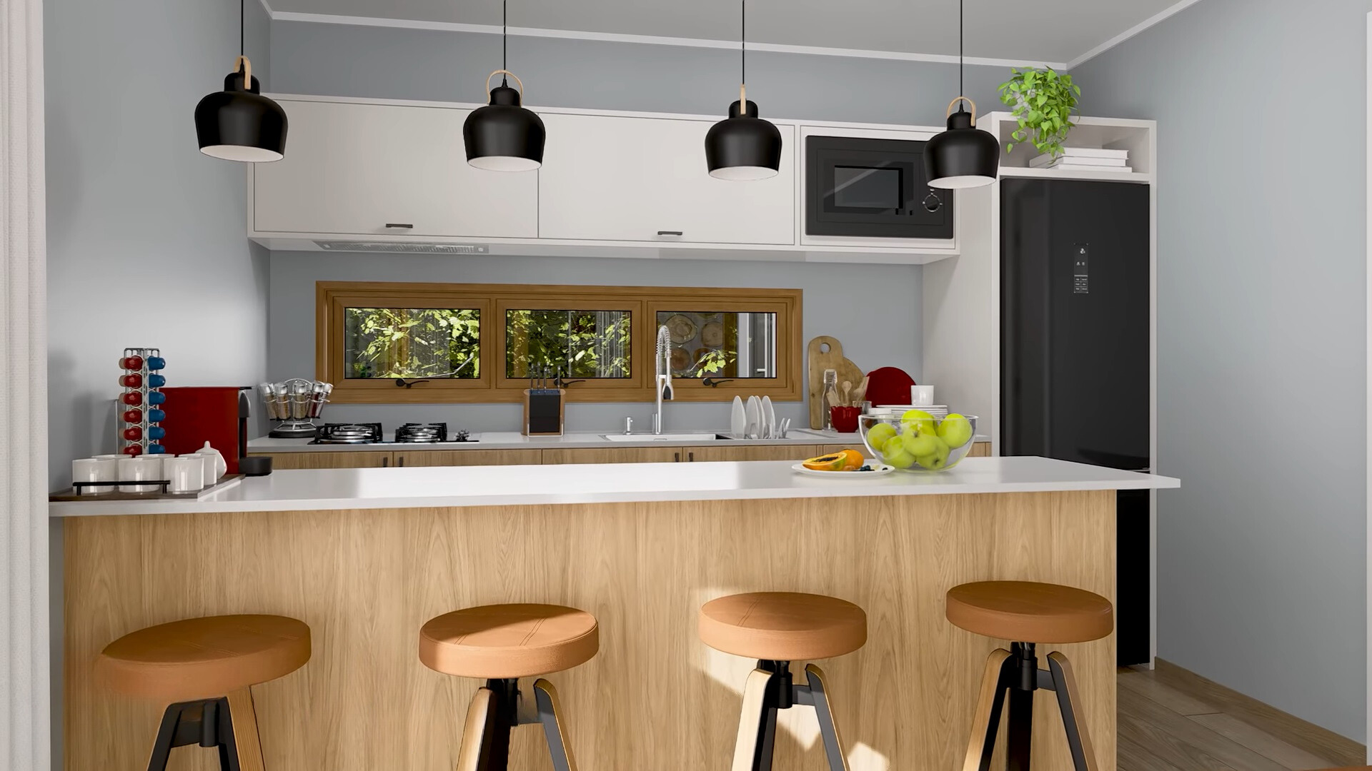 kitchen with white and brown cabinets, white countertop and brown bar stools