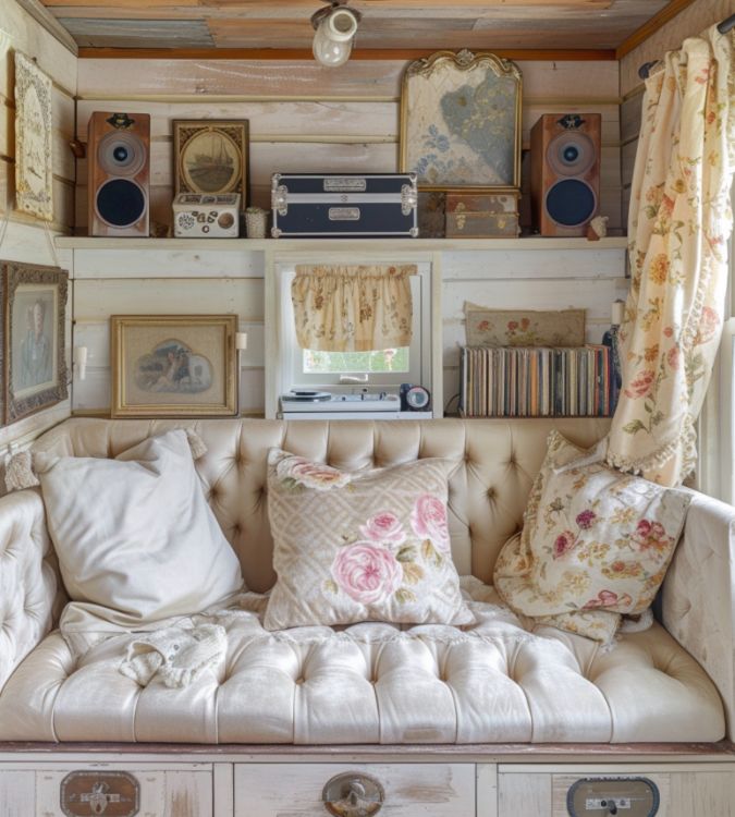 living room with a light beige couch, record player, photos on the wall and on the shelf above the couch