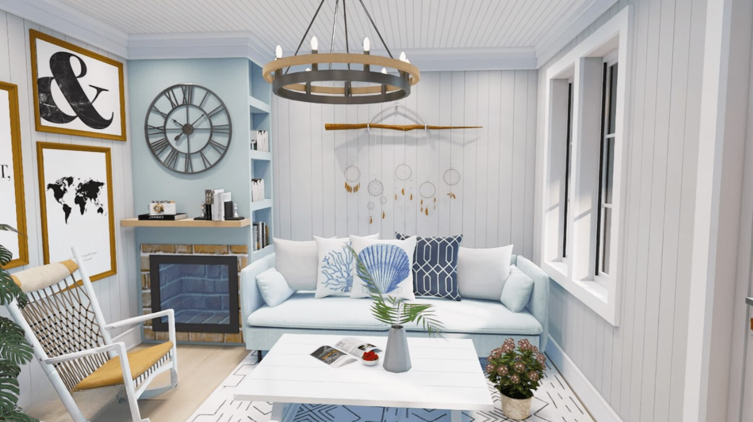 living room with a light blue couch, white table, white and blue walls