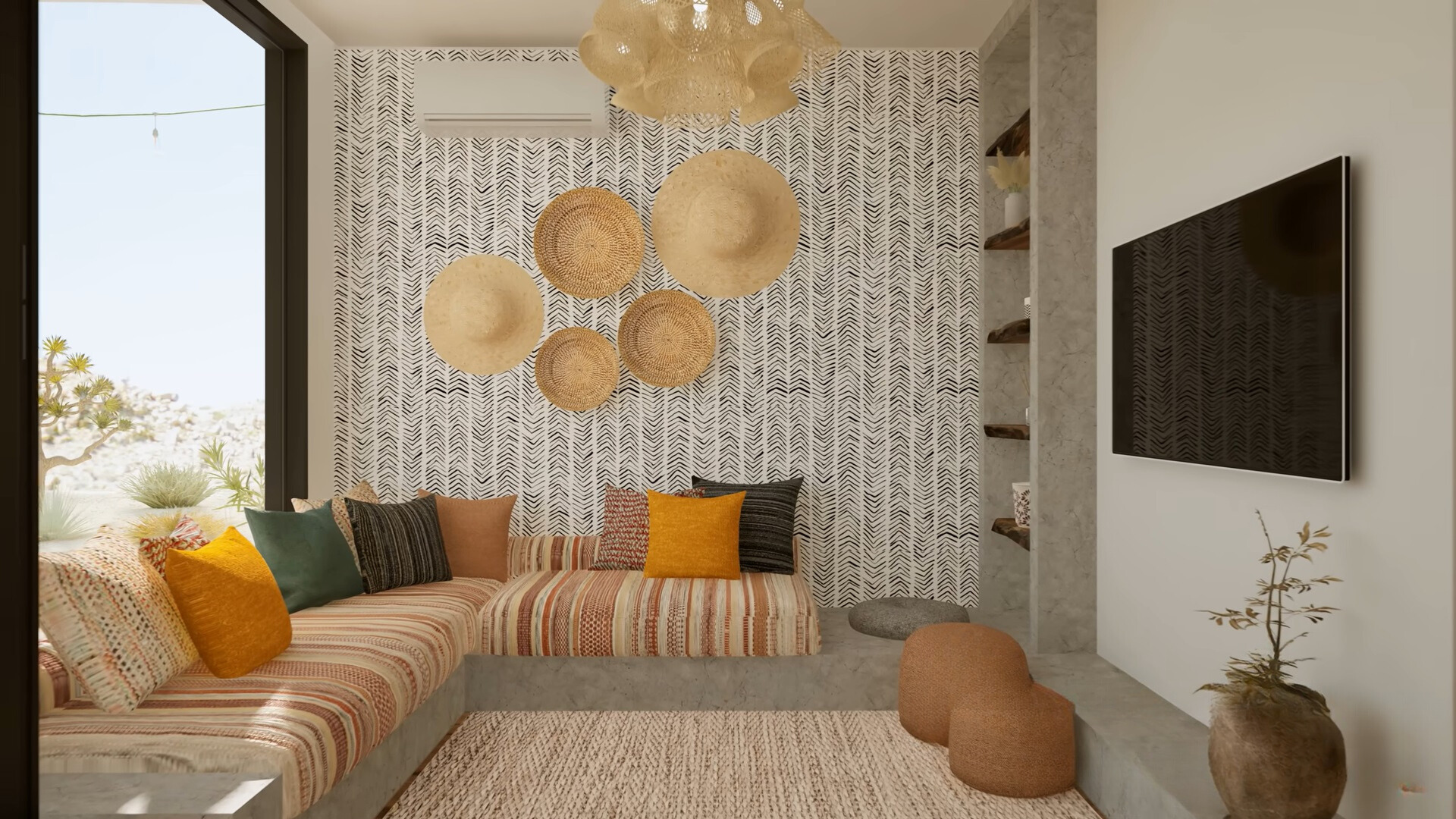 living room with a striped couch, beige wall decor, flat screen tv and an open shelf in the corner of the room