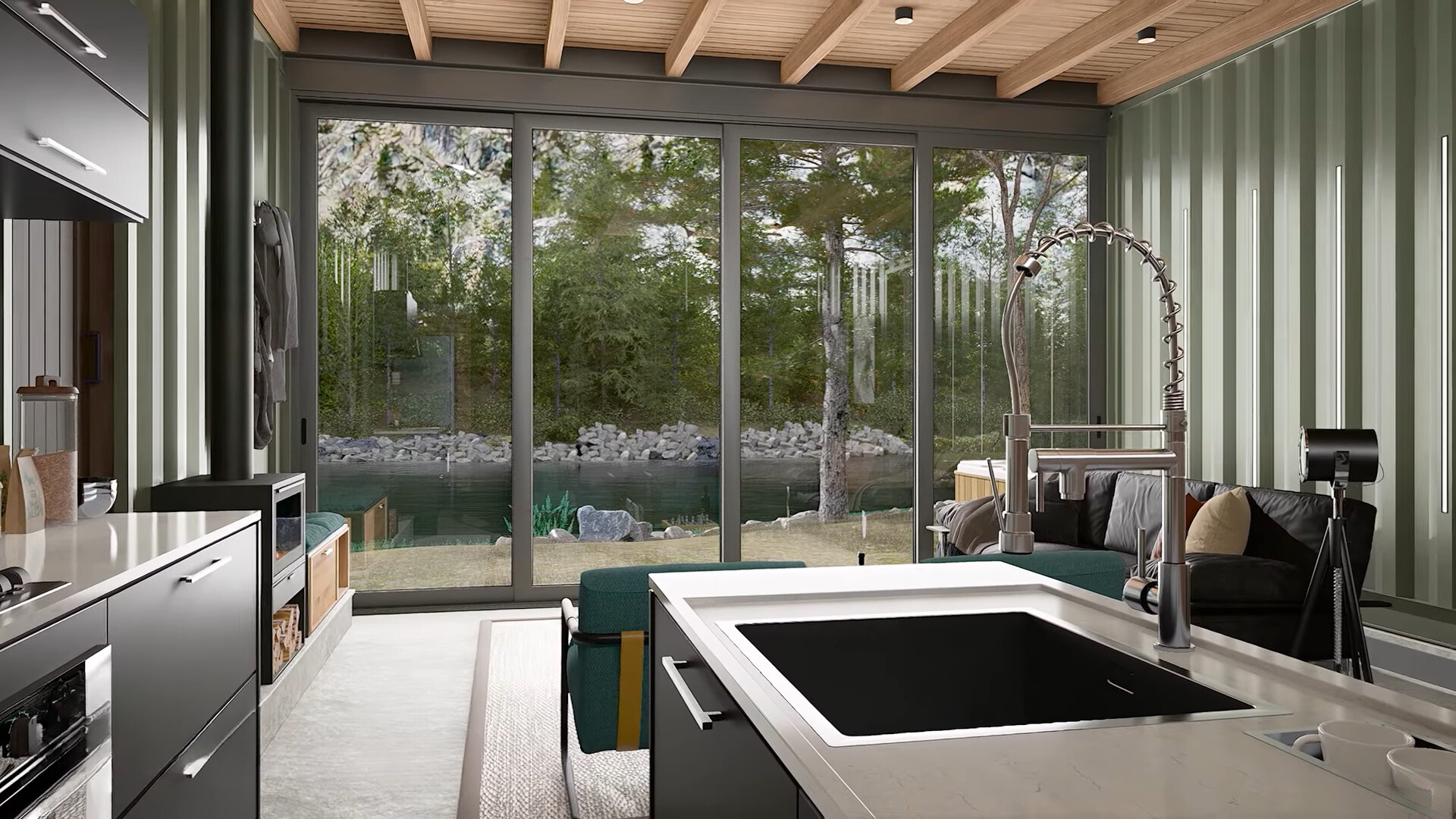 view of the living room and the outdoors scenery with a floor to ceiling window with the view of the river and trees