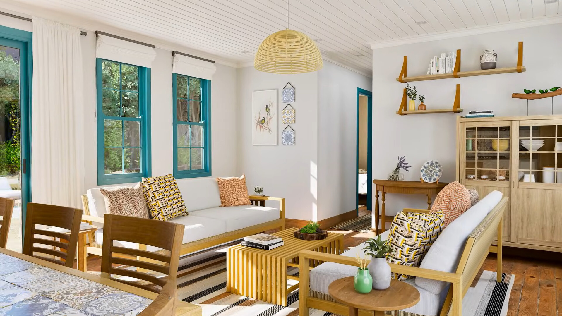 living room with a white cushioned couch, cabinet in the corner, shelves on the wall and a brown dining table