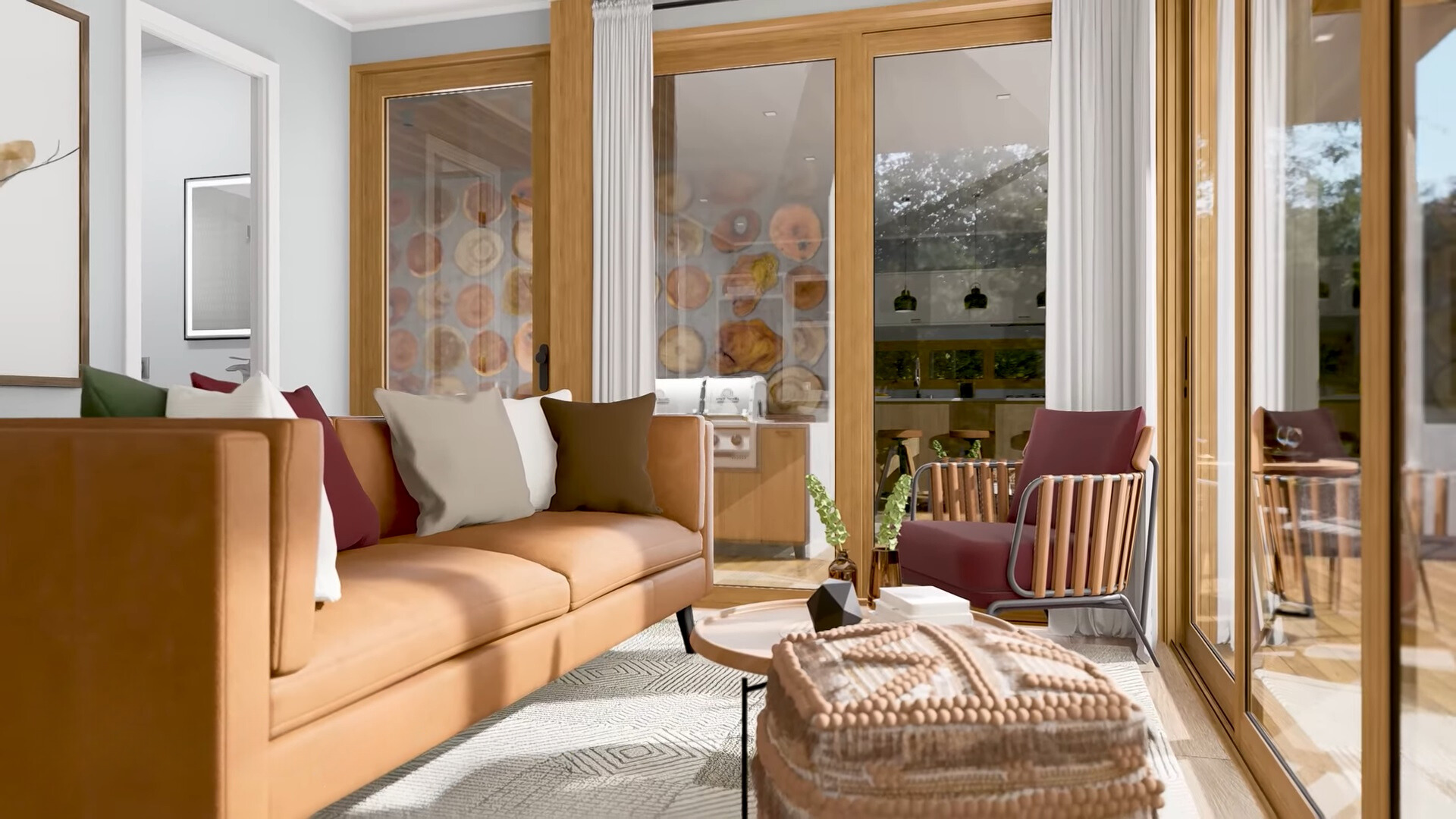 living room with an orange brown couch and the chair in the corner and floor to ceiling window and glass doors