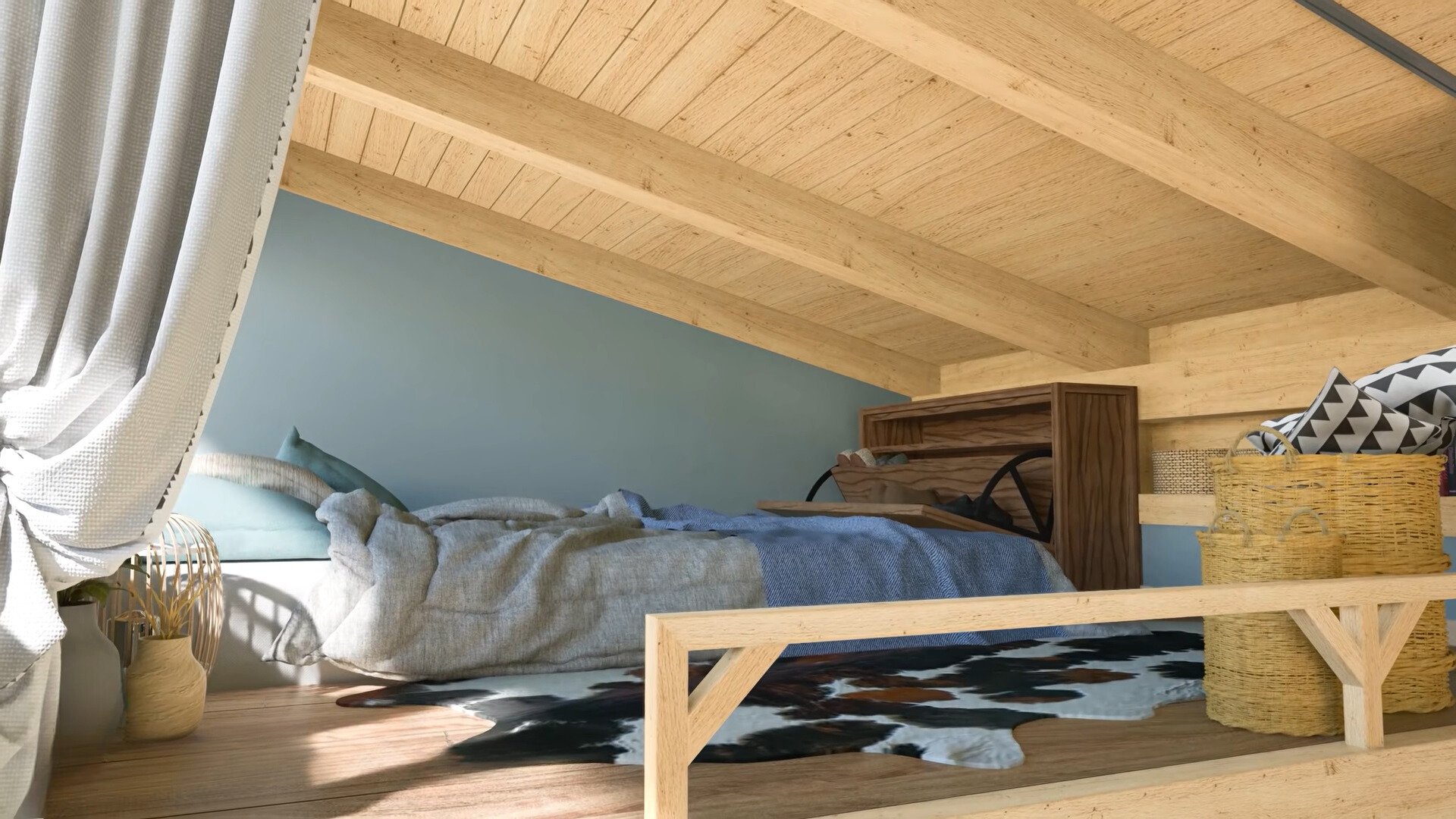 loft bedroom with a brown cabinet opposite the bed