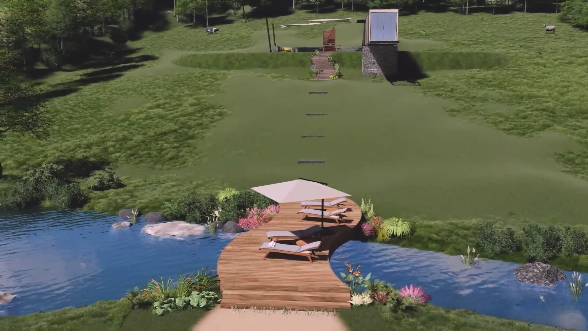 mini brown bridge over the river with deck chairs and flowers around it