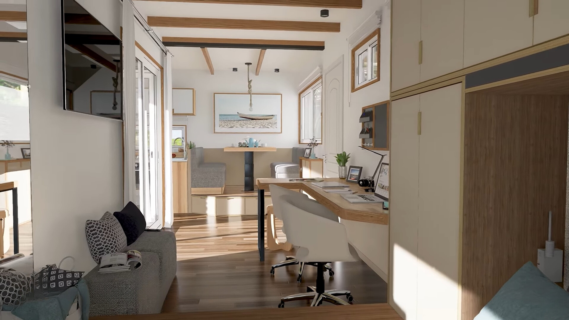 office area with a brown desk, white chair on the right and a flat-screen tv and mini sitting area under it on the left