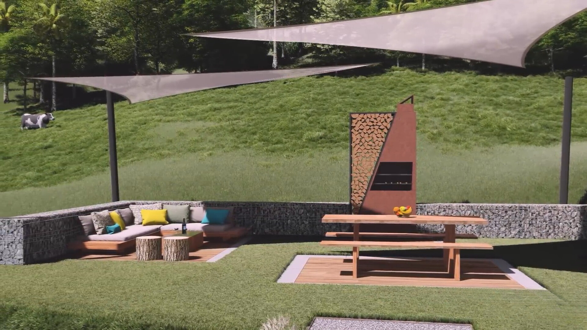 outside area of the house with a brown dining table with benches, l-shaped couch and a mini table