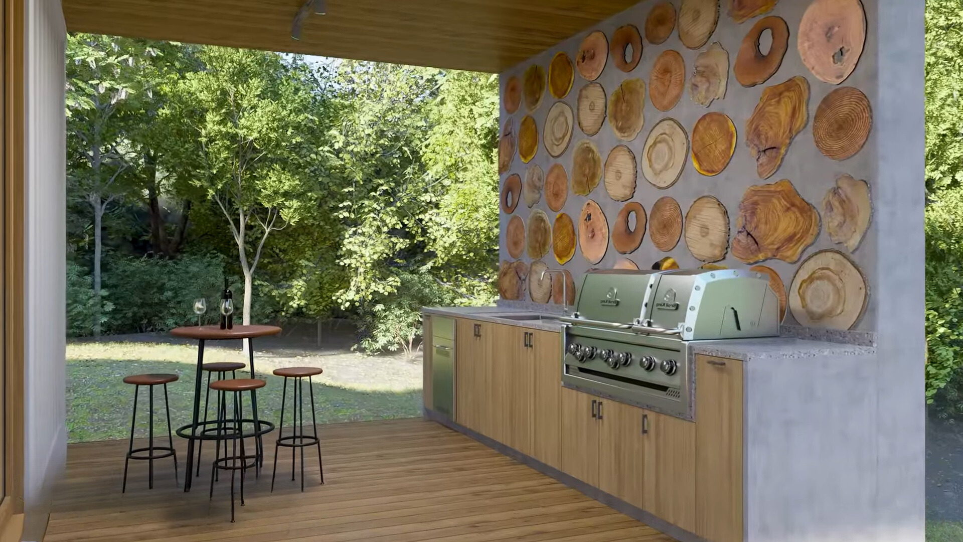 outside kitchen with a wood log wall and a small, round table accompanied by chairs