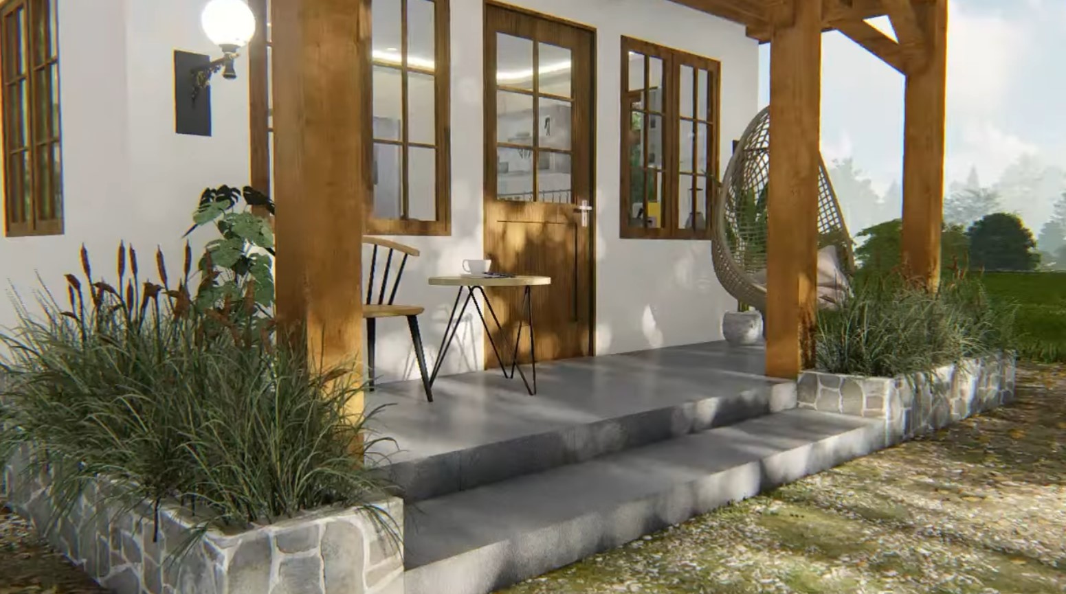 porch with a small beige table and a chair, a hanging chair