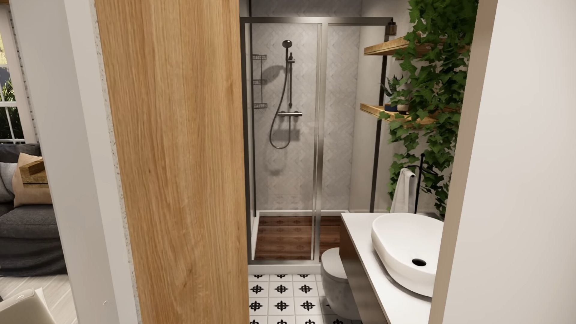 simple bathroom with interesting tiles, a floating sink, plants, and a walk-in shower in the back