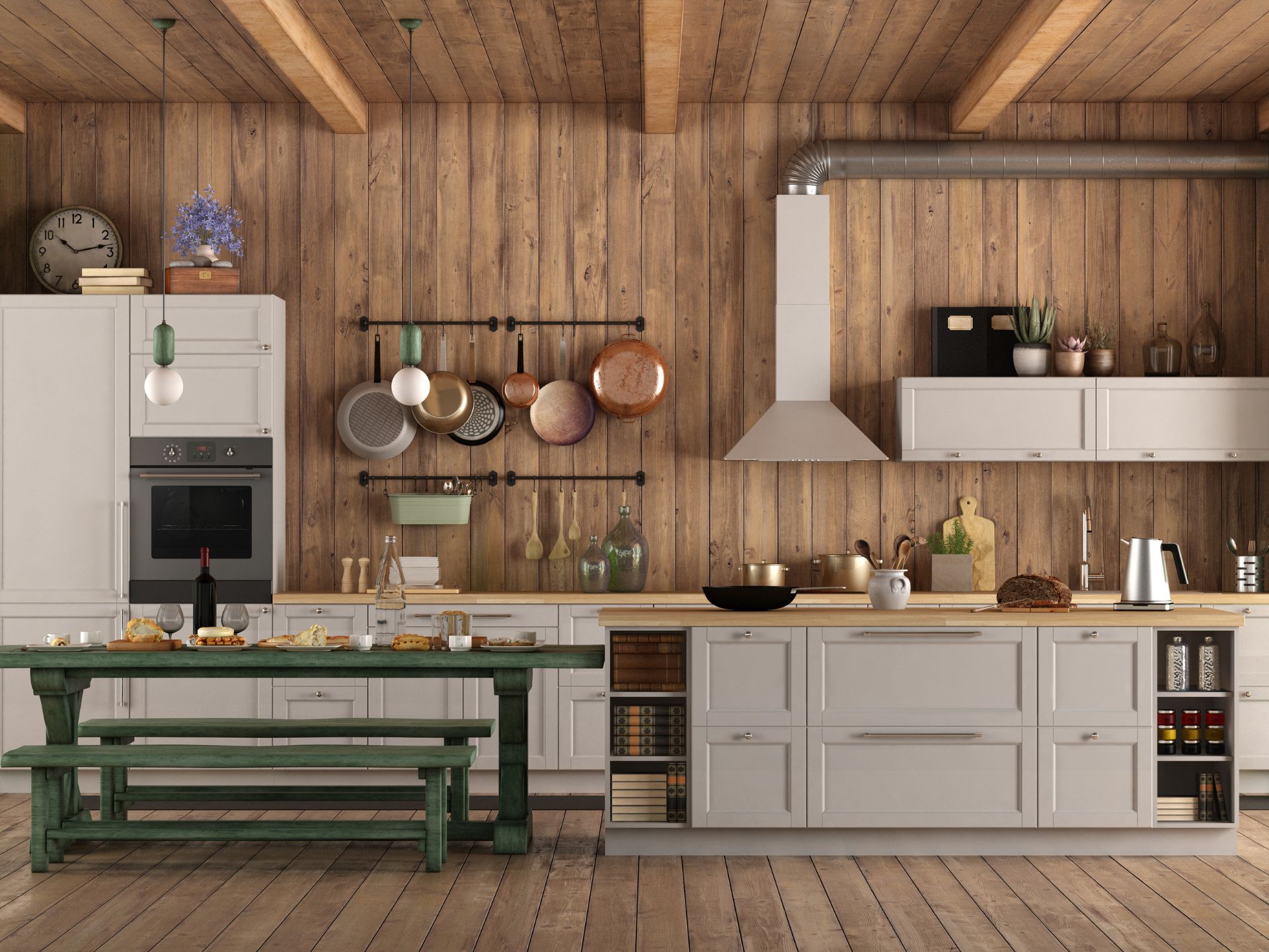 Wooden farmhouse kitchen with green table