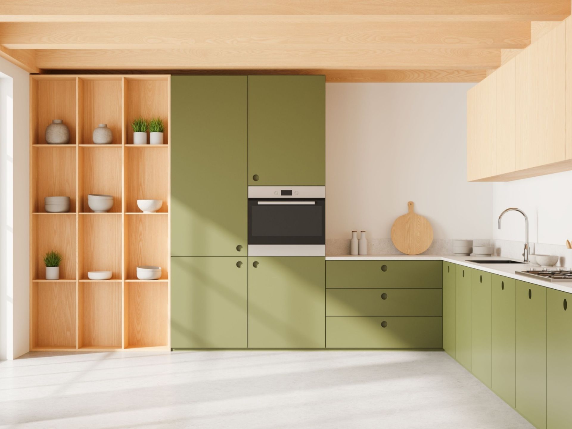 kitchen with olive green cabinets and a floor to ceiling light brown shelf