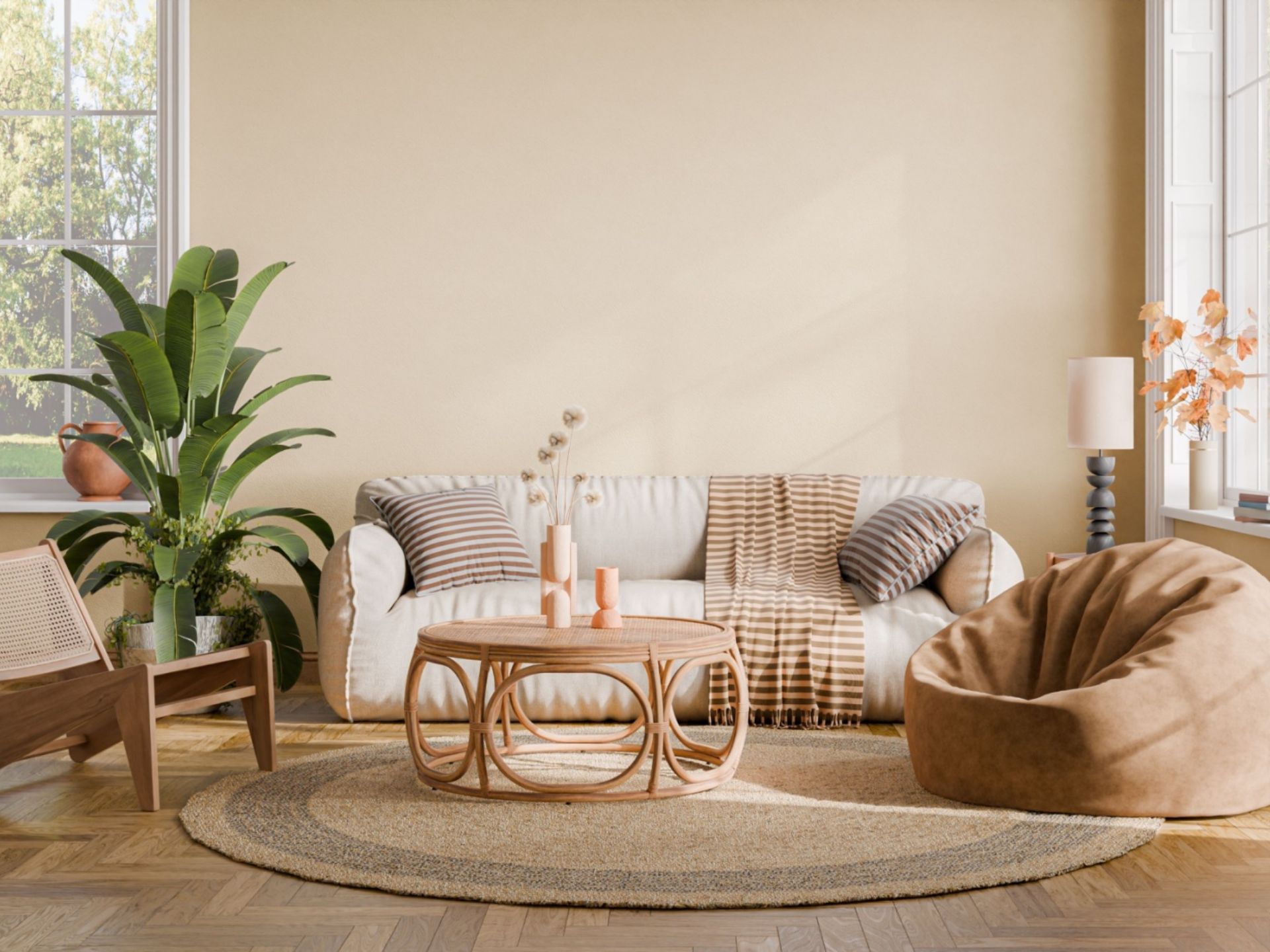 living room with a beige couch, brown bean bag an a brown table, and a big plant