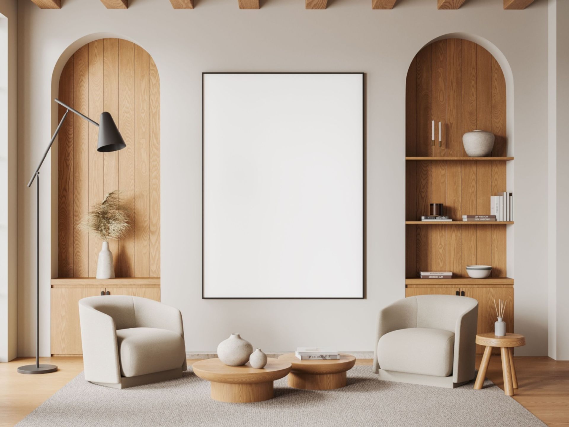 living room with two light beige chairs, arched built-in shelves with a wooden wall background, tall black lamp, huge art piece