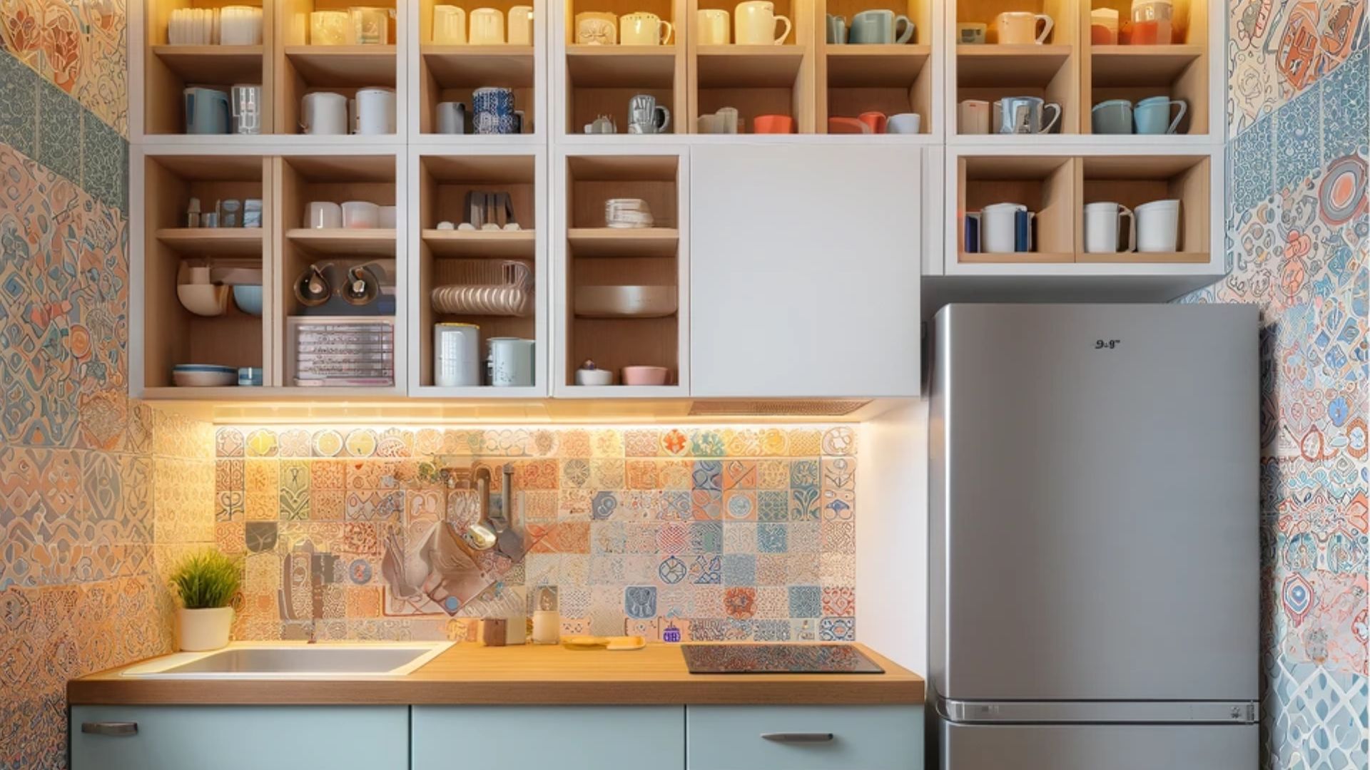 cool colorful kitchen with open shelves