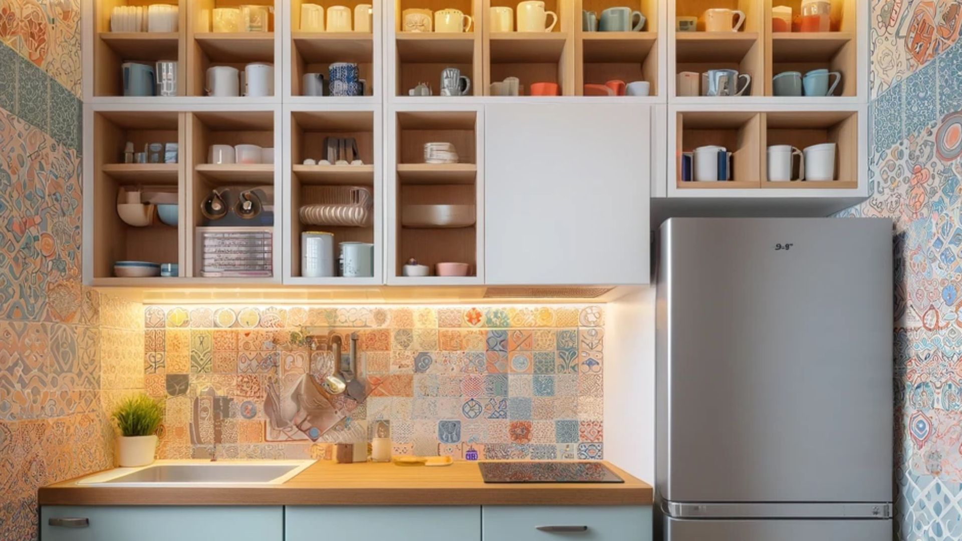 cool colorful kitchen with open shelves