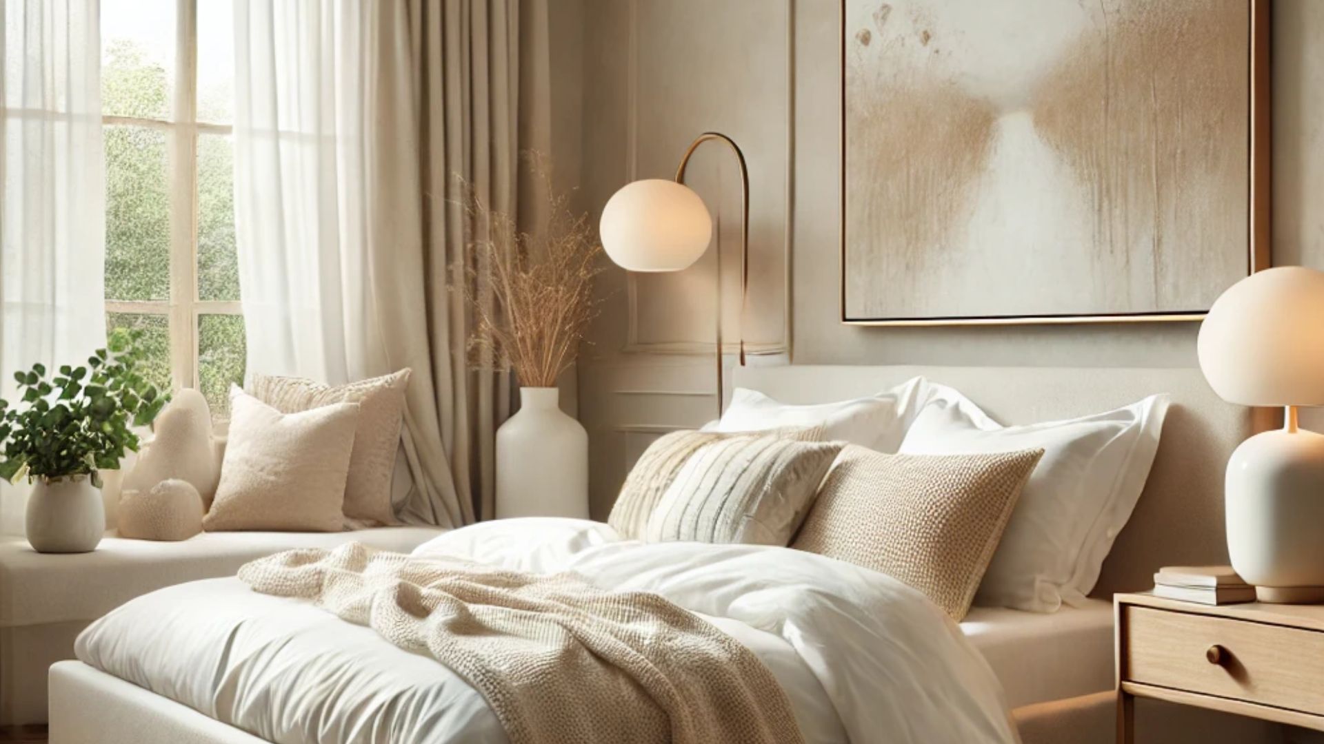 beige bedroom with a nook by the window