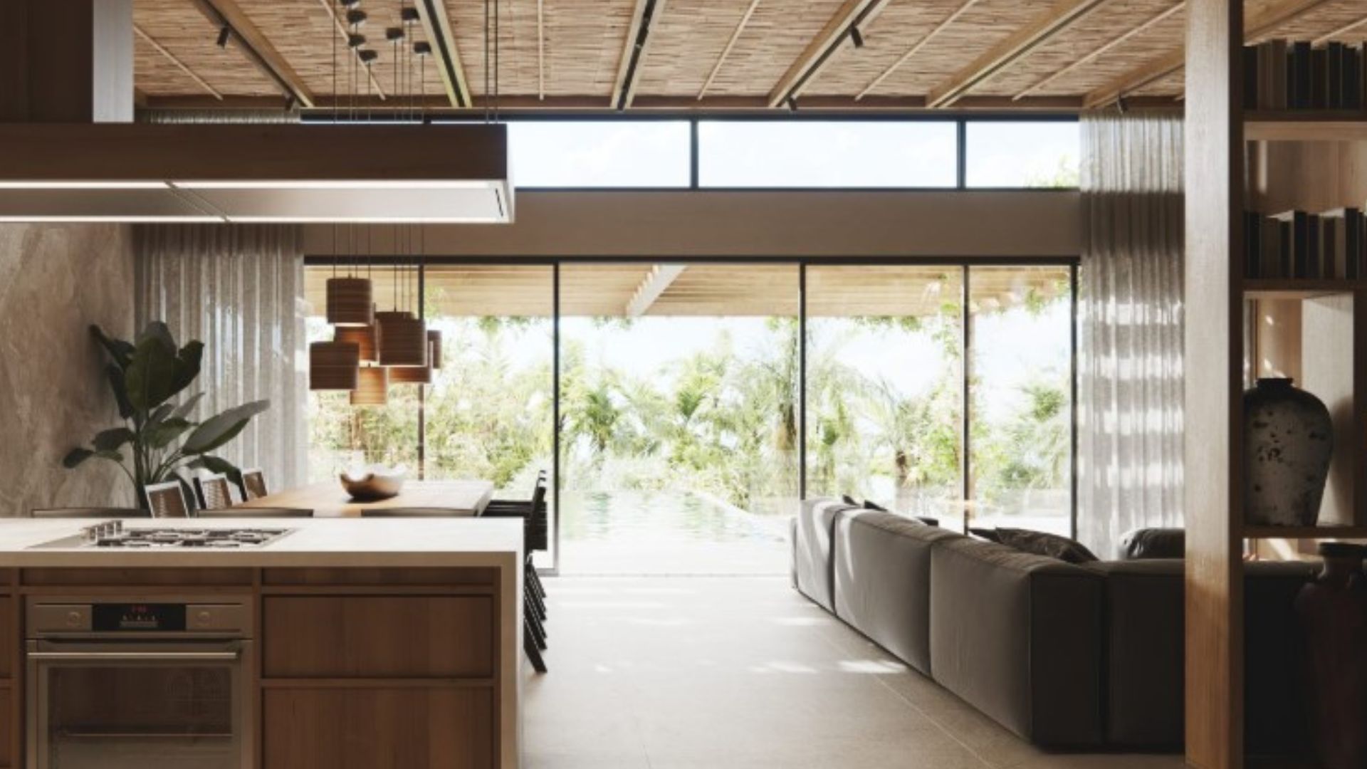 beautiful view of the kitchen island and the living room